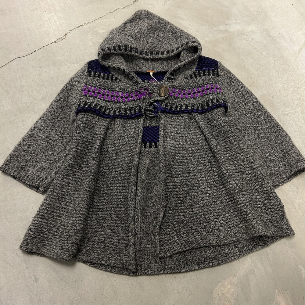 Free People Gray Purple Fair Isle Hooded Button Cardigan Sweater Womens Medium